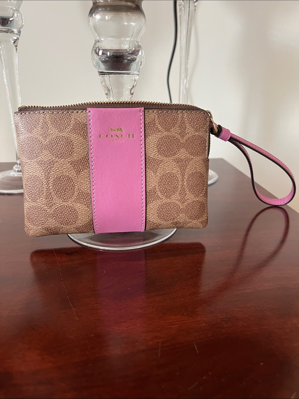 Coach Brown Signature Canvas Wristlet with Pink Center Stripe